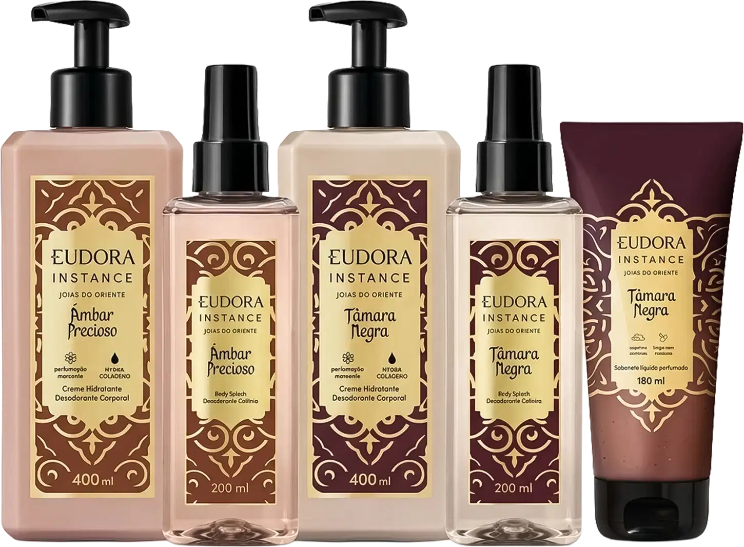 Conjunto Eudora Instance com cinco produtos: dois hidratantes corporais 400ml (Âmbar Precioso e Tâmara Negra), dois body splash 200ml nos mesmos aromas, e sabonete líquido 180ml. Embalagens em tons bege, creme e marrom com detalhes dourados e ornamentais.