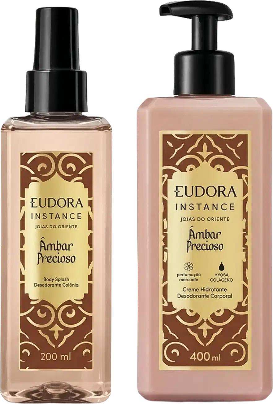 Dois produtos Eudora Instance Âmbar Precioso: Body Splash 200ml com spray e Creme Hidratante Desodorante Corporal 400ml com pump. Frascos em tons bege e rosa com rótulos dourados e marrom, design ornamental.