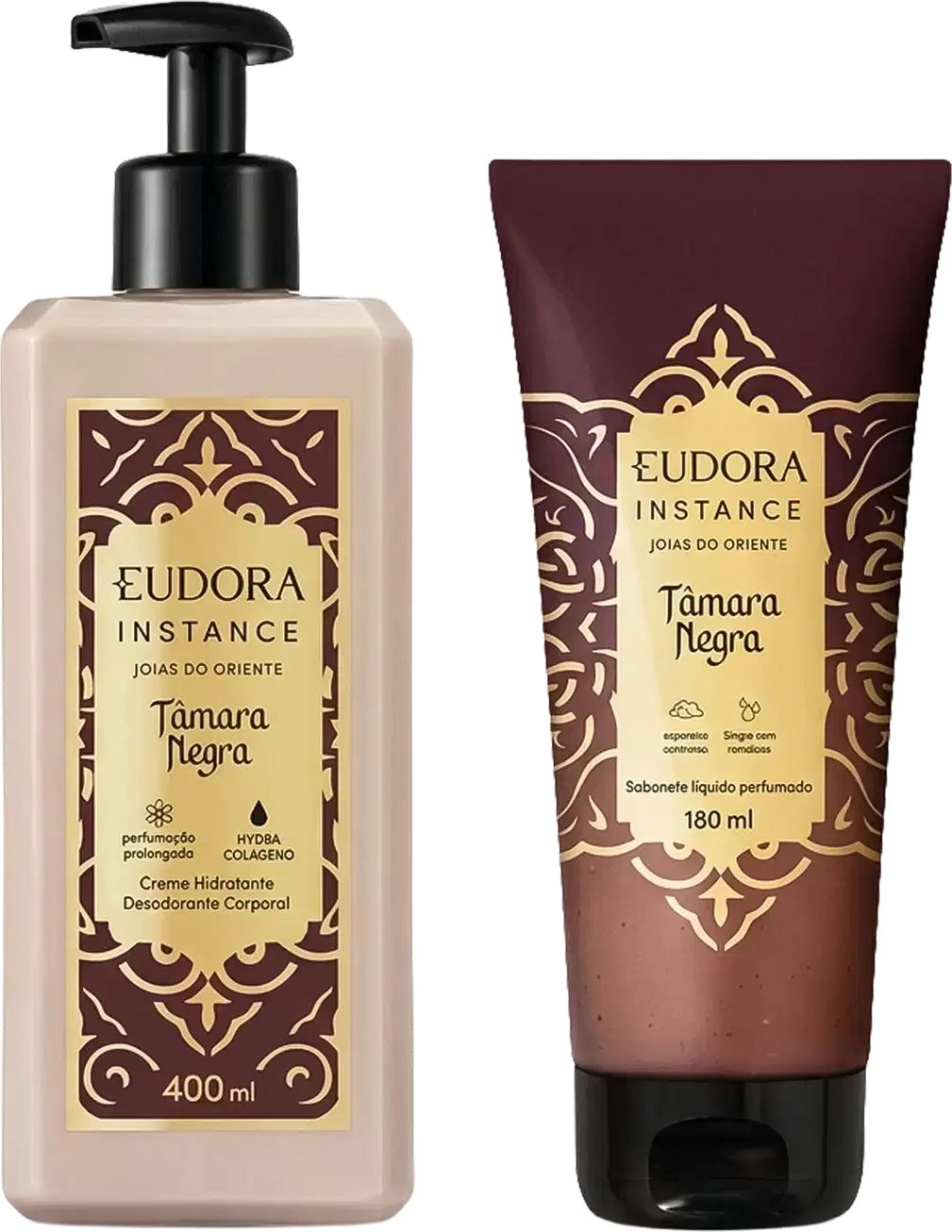 Dois produtos Eudora Instance Tâmara Negra: creme hidratante desodorante corporal 400ml em frasco bege com bomba preta, e sabonete líquido perfumado 180ml em tubo marrom. Ambos com rótulos dourados e marrom-escuro.