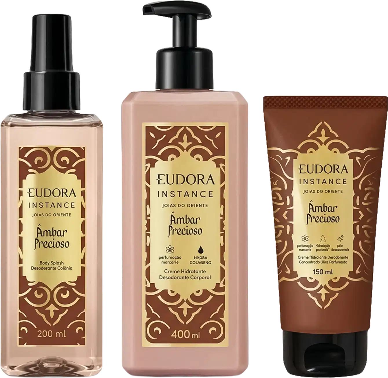 Três produtos Eudora Instance Âmbar Precioso: Body Splash 200ml com spray, Creme Hidratante Desodorante Corporal 400ml com bomba, e Creme Desodorante 150ml em tubo. Embalagens marrom e bege com detalhes dourados ornamentais.