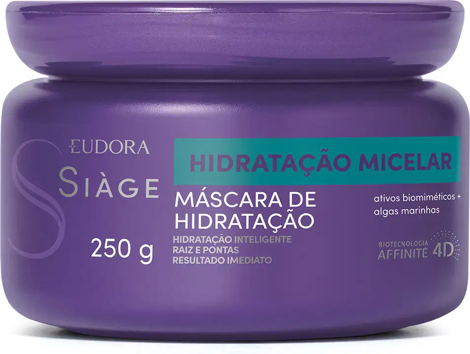 Máscara de hidratação micelar da linha Siàge em embalagem plástica roxa, arredondada, com tampa de girar. Rótulo informando os benefícios do produto, como hidratação inteligente e raiz e pontas.