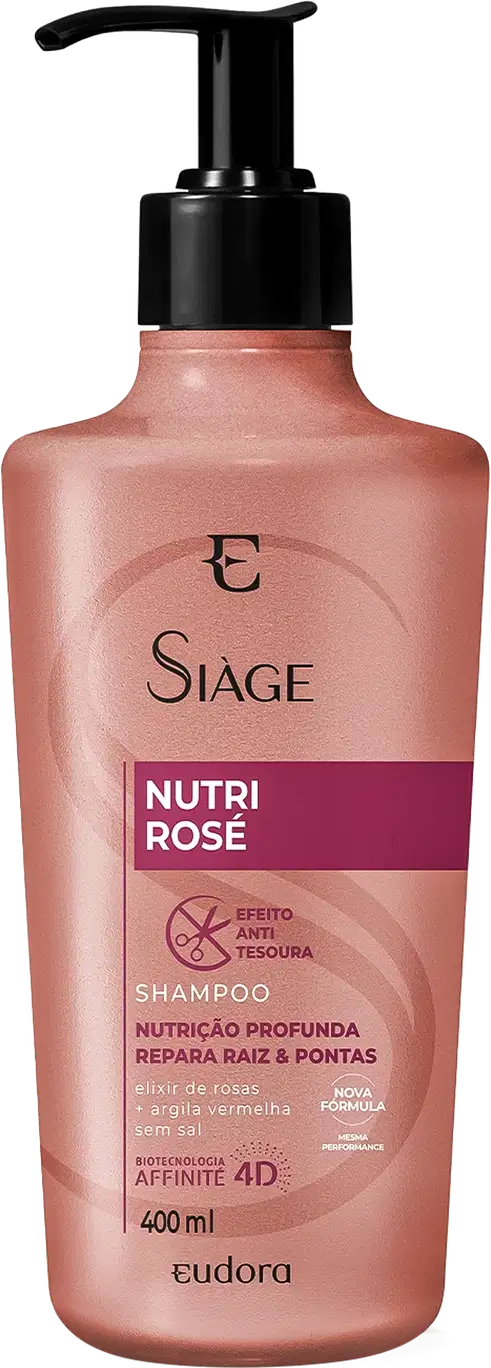 Frasco tipo pump do Shampoo da linha Nutri Rosé, com bomba dosadora preta e rótulo rosa com detalhes em vermelho, contendo informações sobre os benefícios do produto.