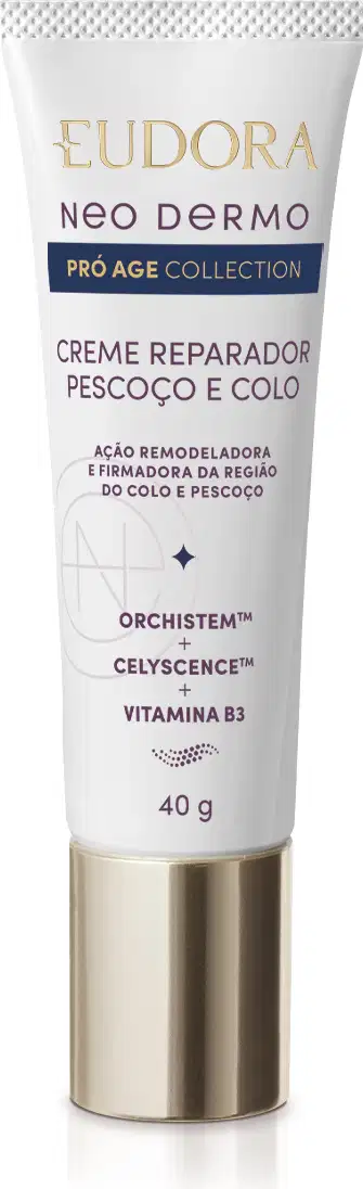 Creme reparador de pescoço e colo da linha Neo Dermo da Eudora, em embalagem branca de 40g tipo bisnaga, com tampa dourada na parte inferior e rótulo com detalhes dourados e azul marinho descrevendo ter Orchistem, Celyscence e vitamina B3.