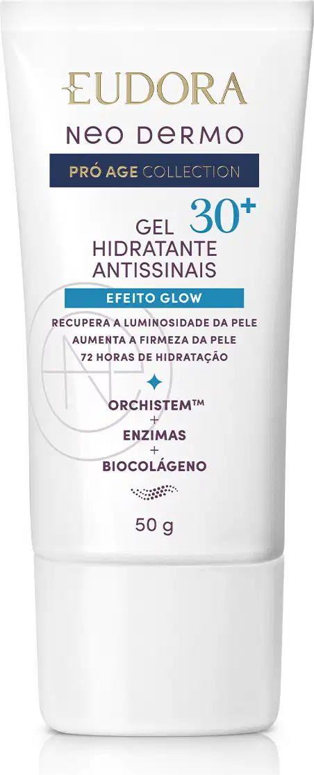 Embalagem do Gel hidratante antissinal 30+ da linha Neo Dermo da Eudora. Embalagem tipo bisnaga na branca, tampa na parte inferior, rótulo com detalhes em azul e dourado, contendo informações sobre os benefícios do produto.