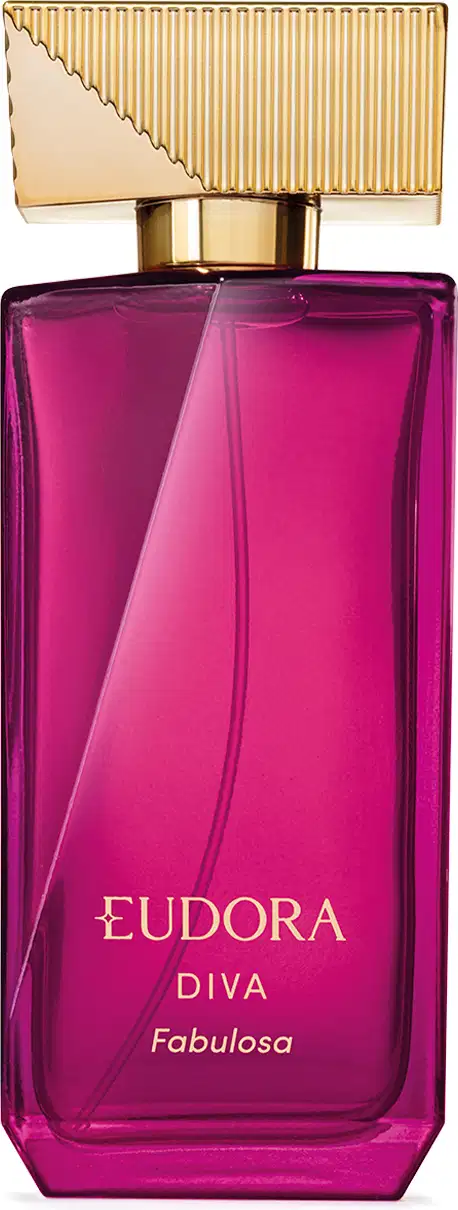 Frasco retangular de vidro rosa profundo. Embalagem com tampa dourada texturizada. Rótulo na parte frontal exibe o nome EUDORA DIVA Fabulosa em letras douradas. Produto de aparência elegante e sofisticada, com design minimalista e cores vibrantes.