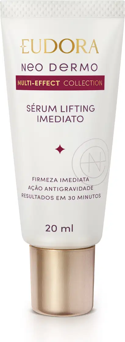 Tubo de 20 ml do sérum lifting imediato da linha Neo Dermo da Eudora, com embalagem branca, tampa dourada na parte inferior. Rótulo em dourado e vermelho, apresentando informações sobre a ação anti-idade e firmeza imediata do produto.