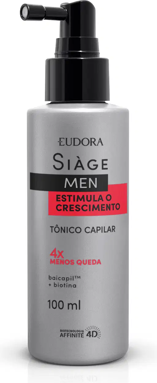 Frasco de tônico capilar Siàge Men, com 100 ml, em embalagem cinza e preta, com rótulo indicando que o produto estimula o crescimento capilar e contém baicapil e biotina.