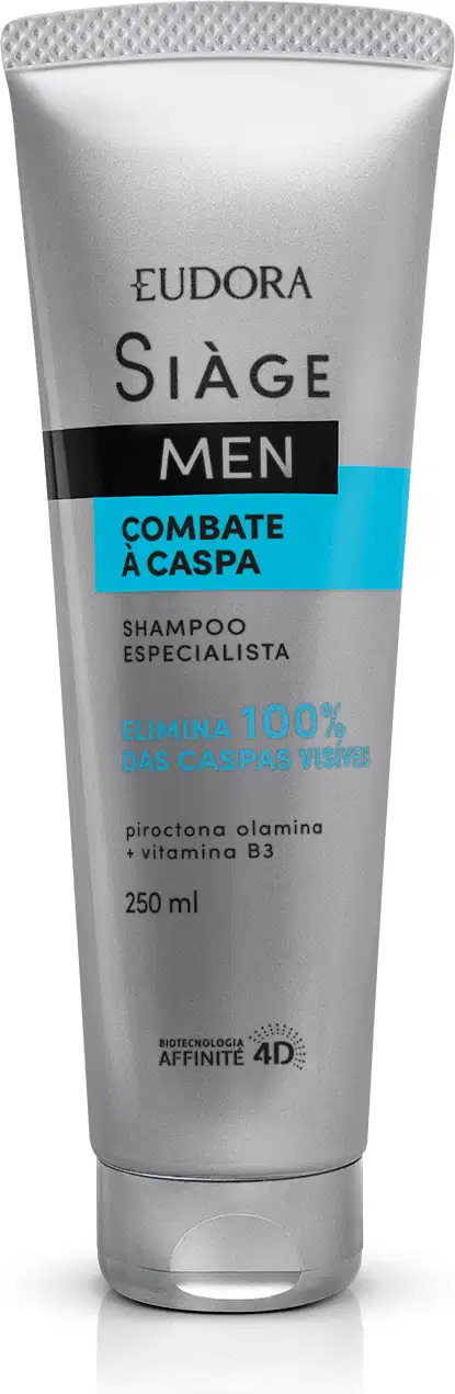 Frasco de shampoo Siàge Men Combate a Caspa, com 250 ml, em embalagem prateada e azul, destacando o texto "Combate a Caspa" e "Shampoo Especialista".