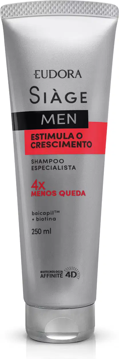 Frasco de shampoo Siàge Men, com embalagem prateada e detalhes em vermelho. Rótulo indica "Estimula o crescimento" e "4x menos queda". Produto voltado para cuidados capilares masculinos.