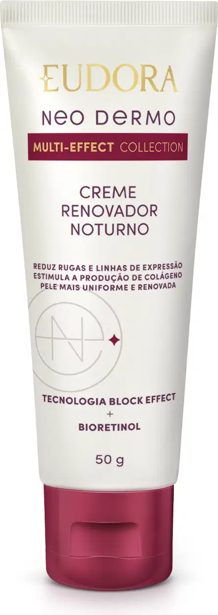 Embalagem tubo do Creme renovador noturno da linha Neo Dermo da Eudora, em de 50g. Tampa dourada na parte inferior, rótulo com design dourado e vermelho no fundo branco, destacando tecnologia Block Effect e bioretinol.