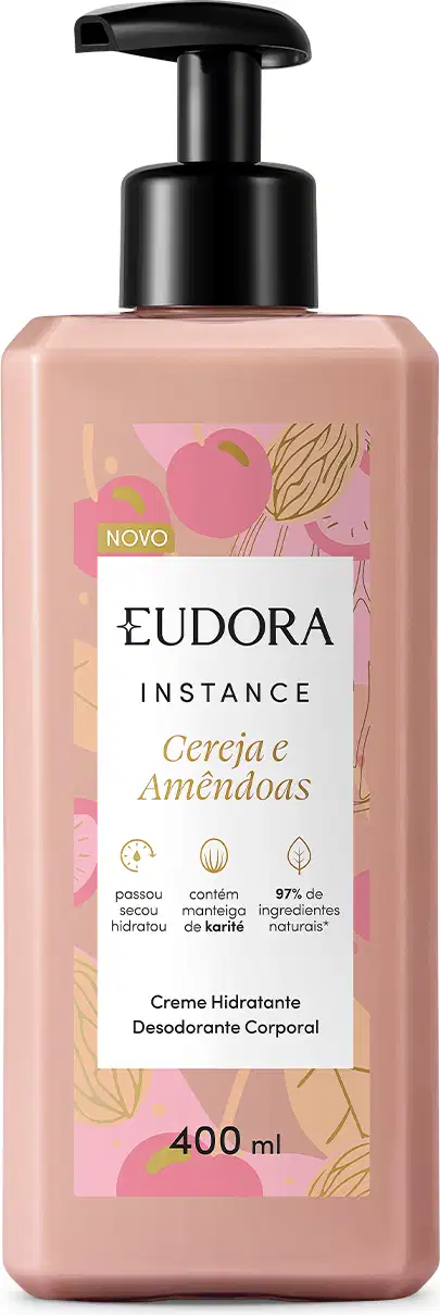 Embalagem plástica de 400ml com bomba dosadora preta. A embalagem é rosa claro com ilustrações florais em tons de rosa e amarelo. O rótulo indica que é da linha "Cereja e Amendoas" e contém 97% de ingredientes naturais.