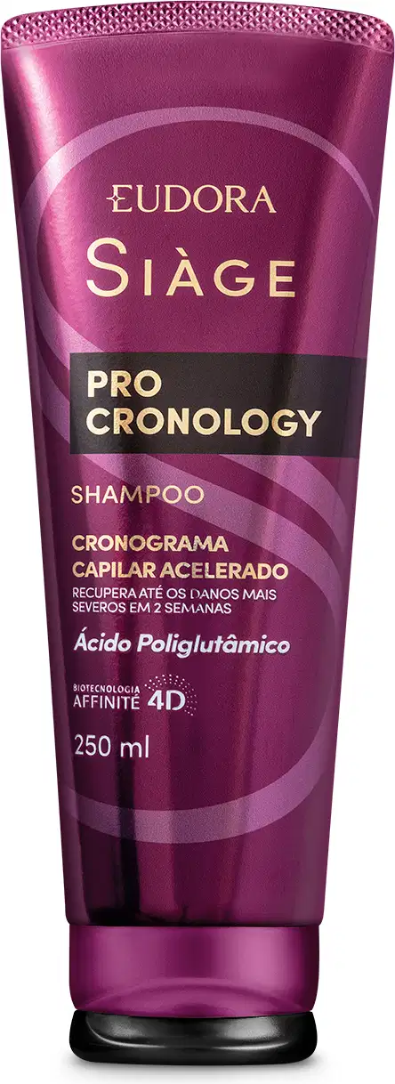 Frasco de shampoo Siàge Pro Cronology, com embalagem roxa e detalhes dourados, contendo 250 ml do produto. O rótulo destaca o nome da marca e a tecnologia "Cronograma Capilar Acelerado" com ácido poliglutâmico.