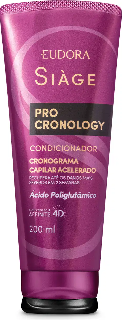 Frasco de condicionador Siàge Pro Cronology, com embalagem roxa e detalhes dourados. Apresenta informações sobre cronograma capilar acelerado e recuperação de danos severos em 2 semanas, com tecnologia Affinity 4D.
