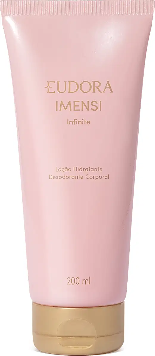 Embalagem plástica tubular rosa claro com tampa redonda dourada na base. Rótulo com o nome do produto e a marca Eudora em letras douradas. Volume de 200 ml indicado na embalagem.