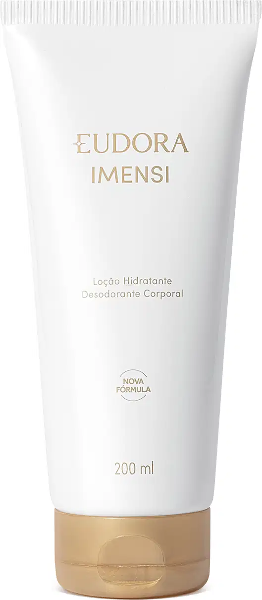 Embalagem tubular branca de plástico com detalhes em dourado. Rótulo com o nome do produto em letras douradas. Tampa dourada redonda na parte inferior da embalagem.