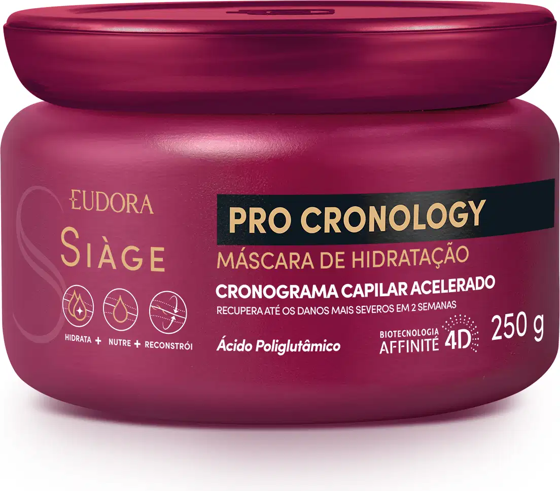 Pote de máscara de hidratação da linha Pro Cronology da Eudora Siàge, com embalagem de cor rosa escura e rótulo destacando o cronograma capilar acelerado e a tecnologia Affinity 4D.