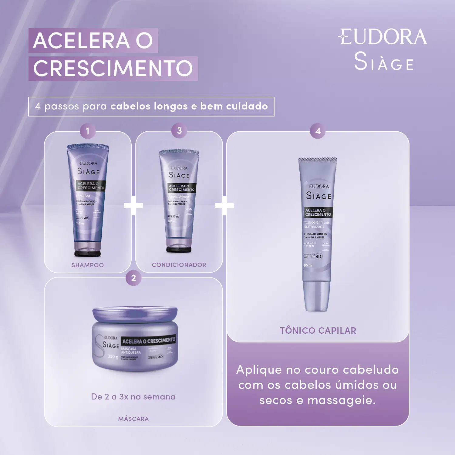 Card com a linha Acelera o crescimento com destaque para os tons de roxo e cinza. Os produtos aparecem na ordem de uso, 1. shampoo, 2. máscara de 2 a 3 vezes na semana. 3. condicionador, 4. tônico para ser aplicado no couro cabeludo com os cabelos úmidos.