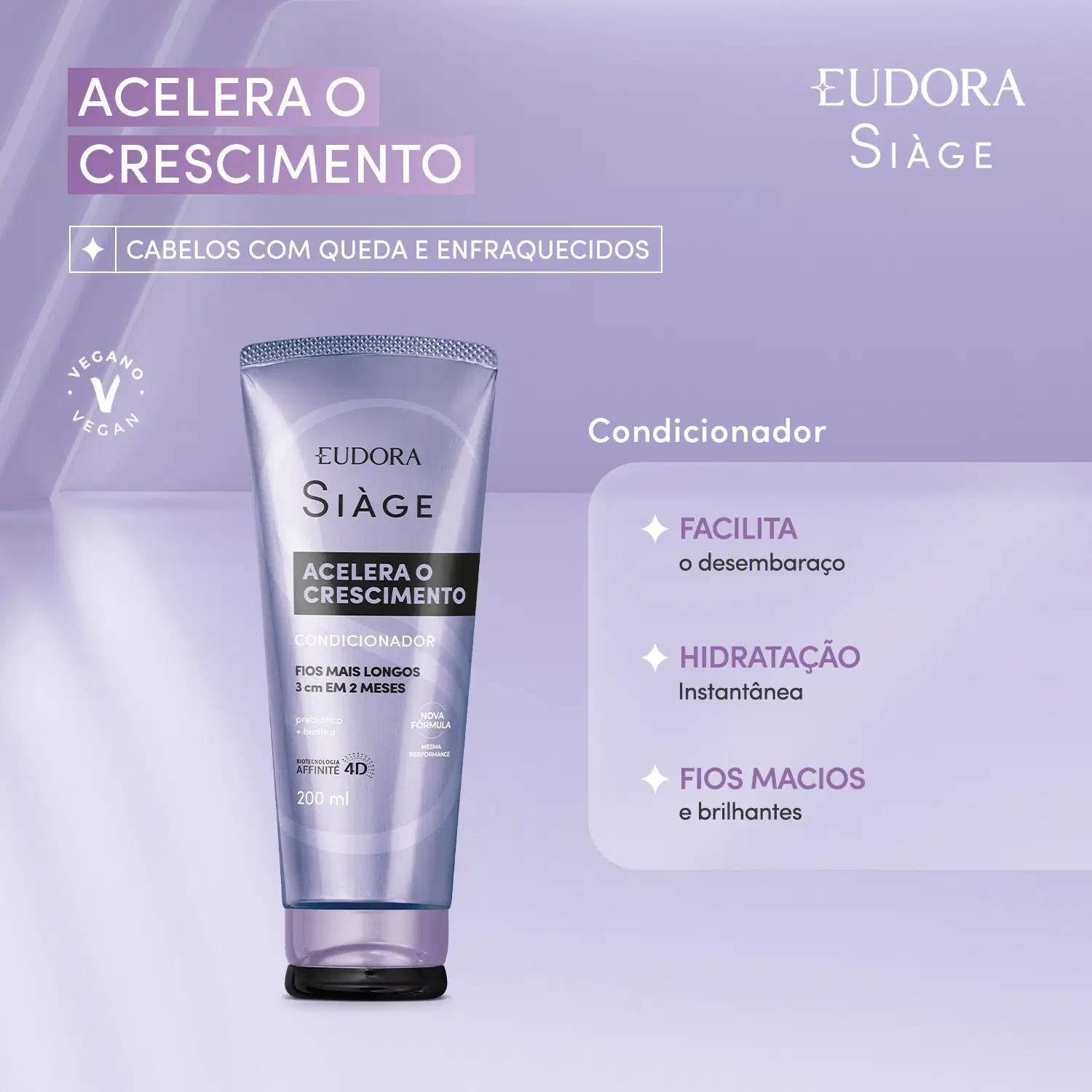 Card do produto em fundo roxo com as seguintes informações à direita: Acelera o crescimento. Cabelos com queda e enfraquecidos. Condicionador facilita o desembaraço, hidratação instantânea e fios macios e brilhantes.