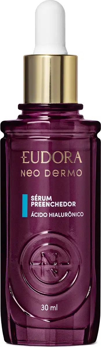 Embalagem em frasco de vidro roxo com conta-gotas dourado contendo sérum preenchedor de ácido hialurônico da linha Neo Dermo da marca Eudora, com informações sobre o produto em branco, dourado e azul impressas no rótulo.
