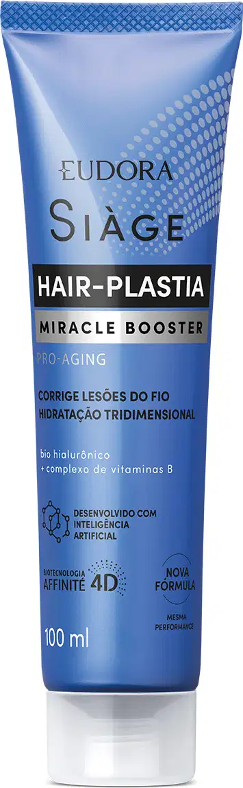Tubo azul da linha Siàge Hair-Plastia, com rótulo destacando "Miracle Booster" e "Pro-Aging". Produto de 100 ml com tecnologia Affinity 4D e complexo de vitaminas B.