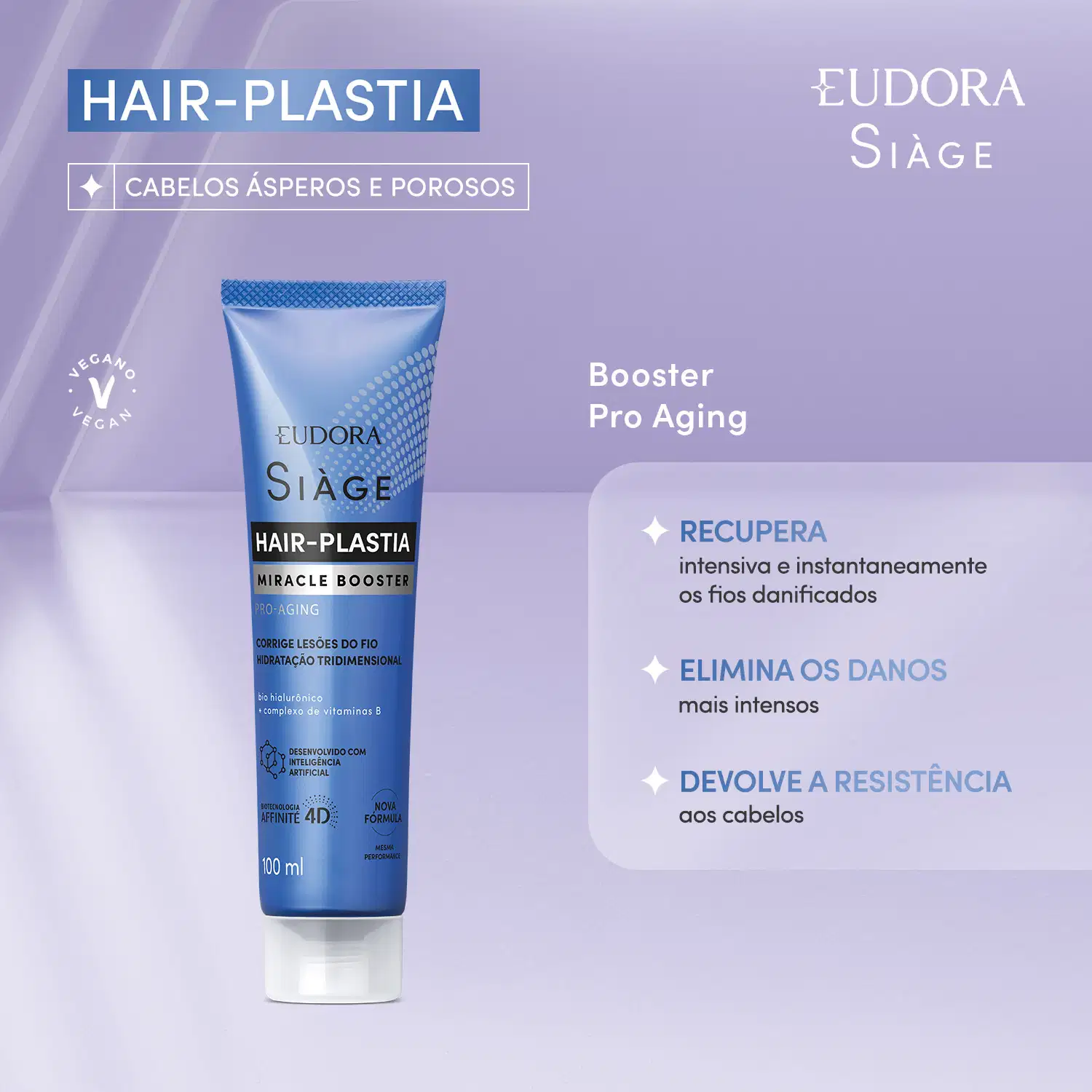 Imagem do tubo do Miracle Booster Pro-Aging seguido do texto: Hair-plastia recupera intensiva e instantaneamente os fios danificados, elimina os danos mais intensos e devolve a resistência aos cabelos.