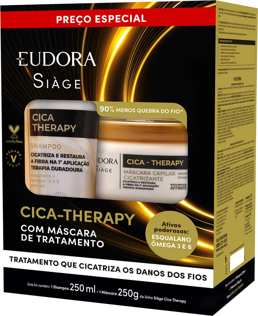 Caixa de produto de tratamento capilar Eudora Siàge Cica-Therapy, contendo shampoo de 250 ml e máscara capilar de 250 g, com destaque para os benefícios de cicatrização e restauração da fibra capilar.