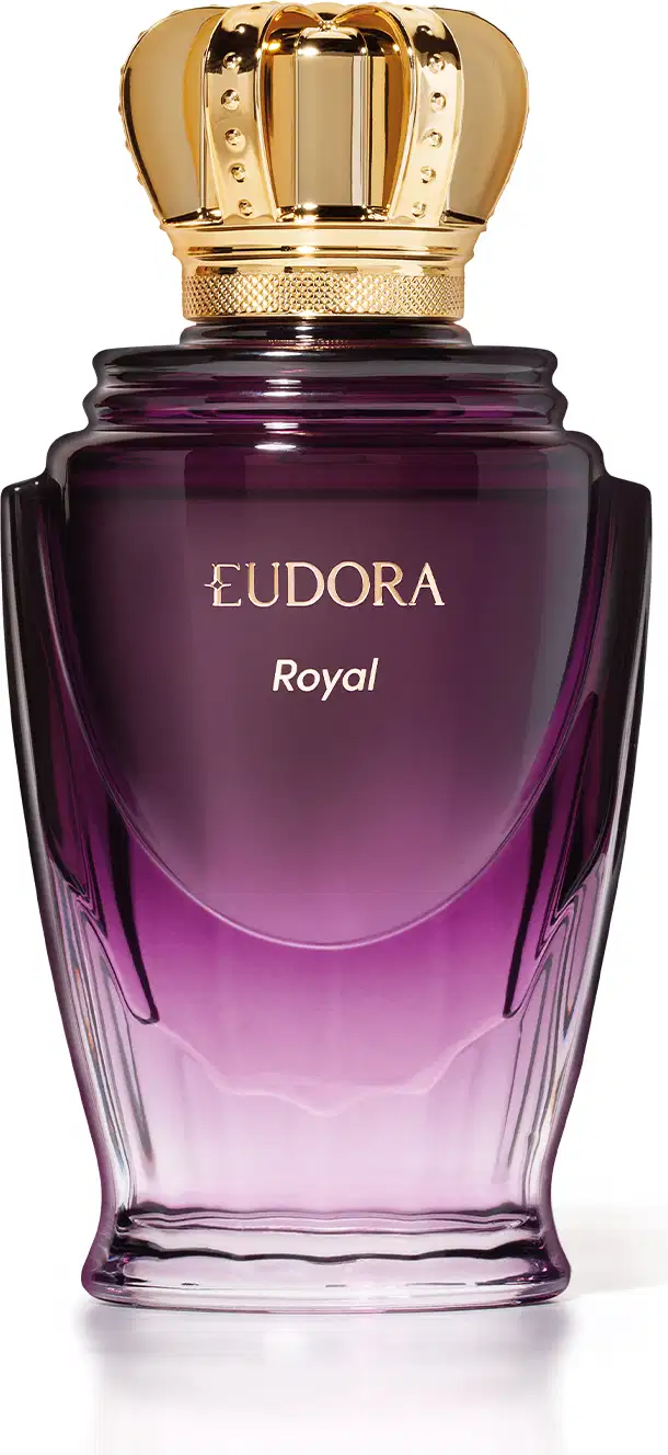 Frasco do Desodorante Colônia Eudora Royal, com formato elegante e tampa dourada em forma de coroa. A embalagem possui uma coloração roxa degradê, com o nome da marca e do produto em destaque.