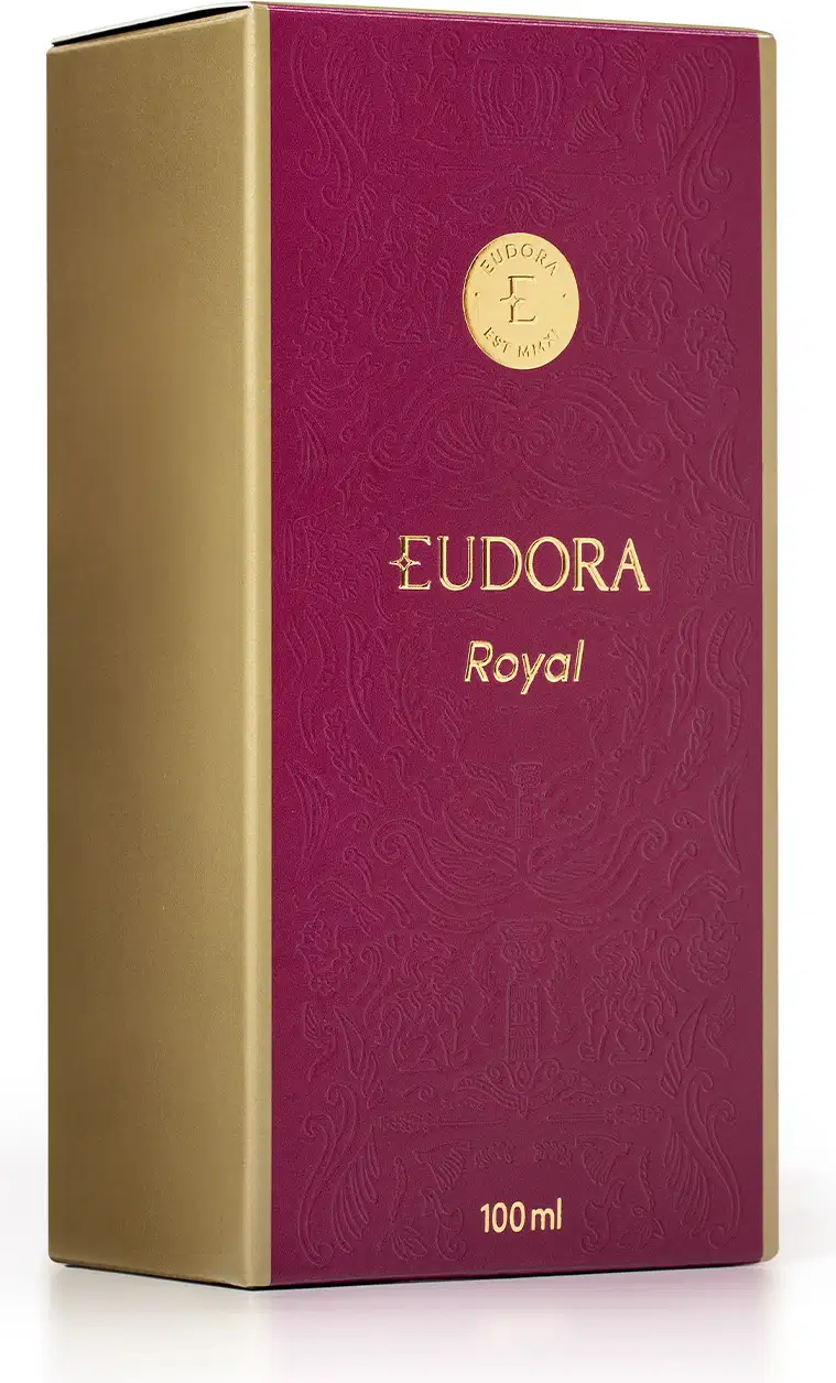 Caixa de Eudora Royal, com embalagem dourada e roxa, contendo 100 ml do produto. O rótulo apresenta o nome da marca em destaque e a palavra "Royal" em letras douradas.