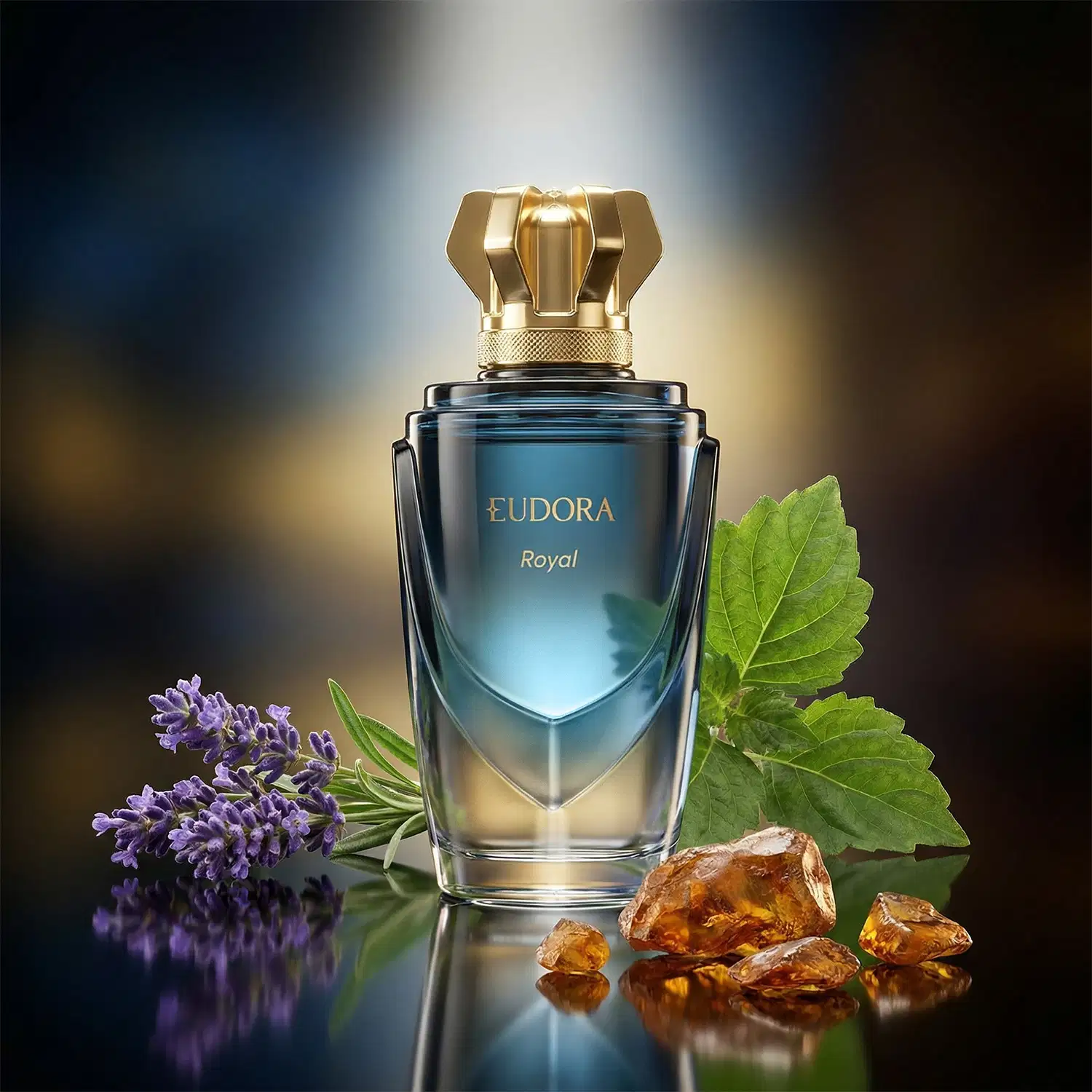 Fundo elegante e sofisticado com frasco de Eudora Royal, rodeado por flores lavanda, pedras âmbar e folhas de patchouli, sugerindo o aroma que você irá sentir.