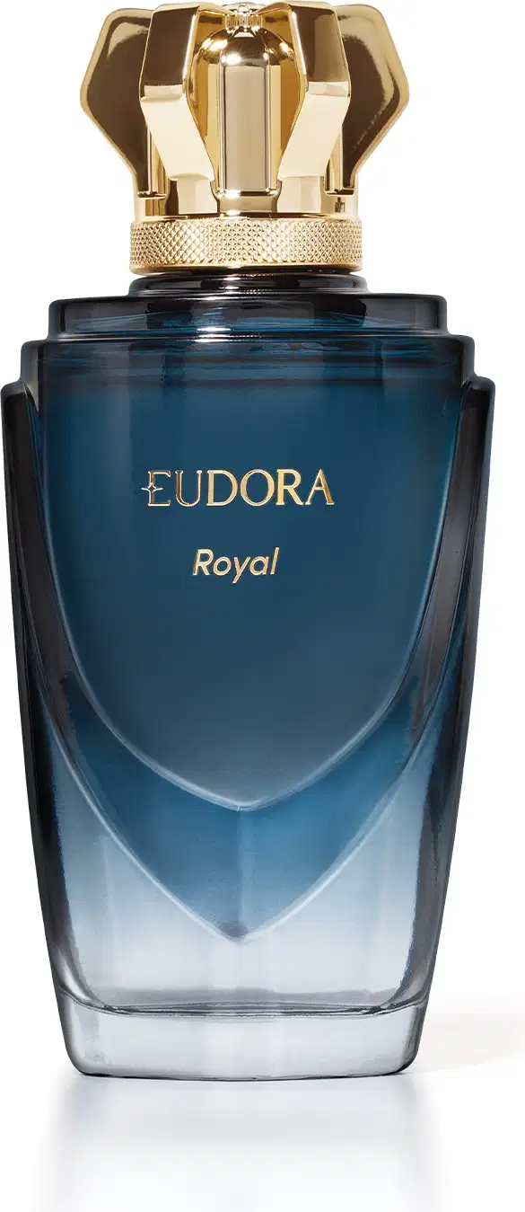 Frasco do Desodorante Colônia Eudora Royal, com design elegante em tons de azul e dourado, com tampa dourada em formato de coroa. O rótulo destaca o nome da marca e a linha "Royal".