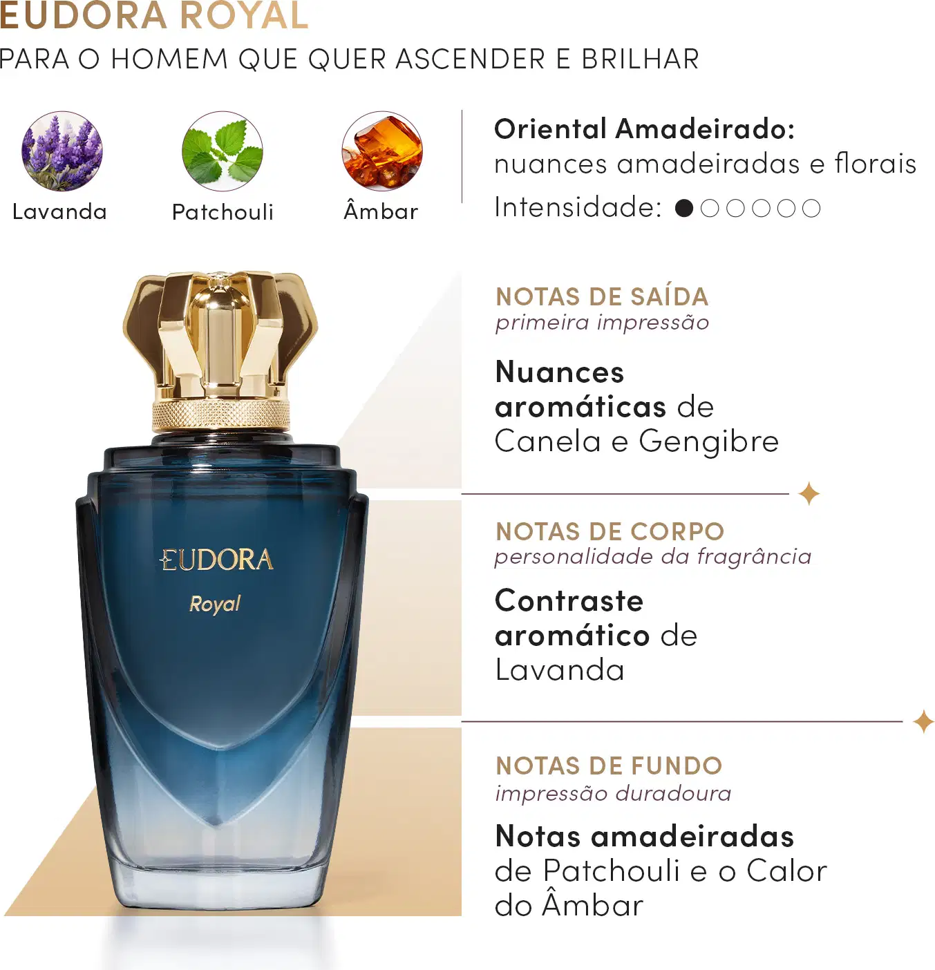 Card olfativo de Eudora Royal. Com o texto: Oriental amadeirado: nuances amadeiradas e florais. Intensidade: 1 de 6. Descrição das notas de saída, de corpo e de fundo. Com imagem dos ingredientes: Lavanda, Patchouli e Âmbar.