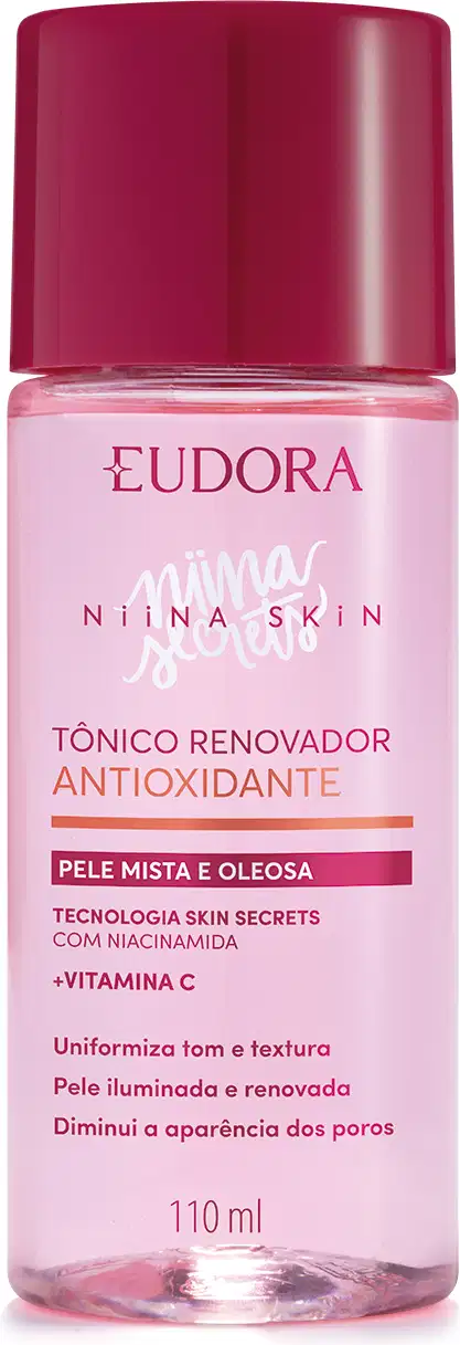 Frasco plástico transparente contendo líquido rosado. Tampa protetora na cor vinho. Embalagem com cores rosa e vinho, típicas da linha. Rótulo transparente com texto em rosa pink, quase vermelhor, e alaranjado. Nome da marca Niina Secrets em branco.
