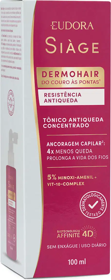 A imagem mostra a caixa do Tônico capilar Siàge Dermo Hair Resistência Antiqueda.