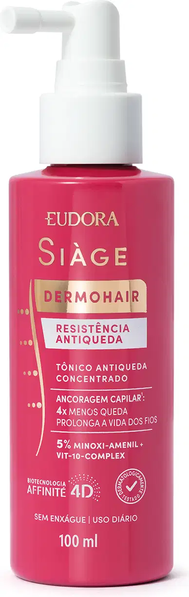 Produto de tratamento capilar da linha Siàge DermoHair da marca Eudora. Frasco plástico na cor rosa vibrante com detalhes em branco. Indicado para resistência antiqueda, ancoragem capilar e prolongar vida dos fios. Embalagem de 100ml, sem enxágue,