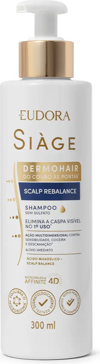 Shampoo Eudora Siàge Dermohair com embalagem branca de 300ml com bomba dosadora dourada. Texto destaca shampoo sem sulfato que elimina caspa visível e oleosidade, com ação multidimensional contra queda, descamação e alívio da coceira.
