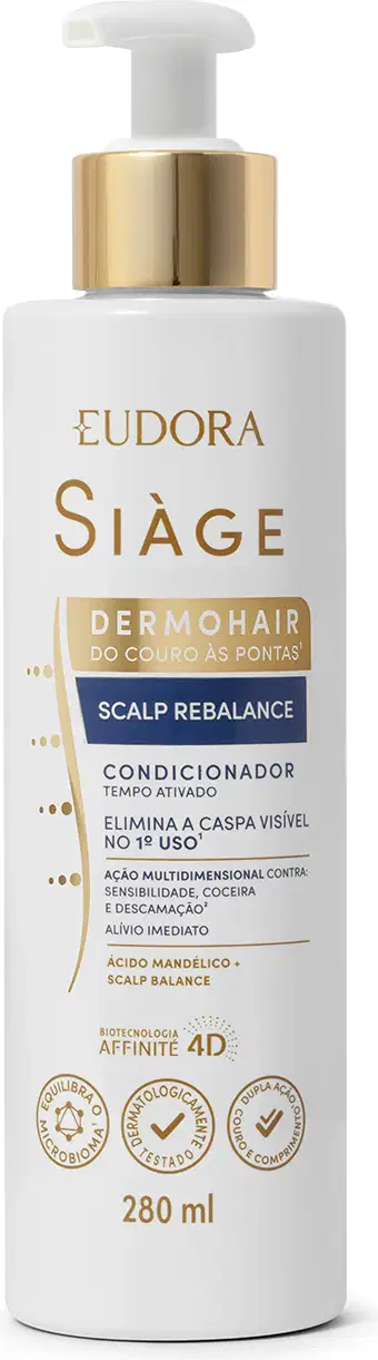 Condicionador Eudora Siàge Dermohair Scalp Rebalance. Embalagem plástica branca com detalhes dourados. Frasco com bomba dosadora branca e tampa dourada. Contém 280ml.