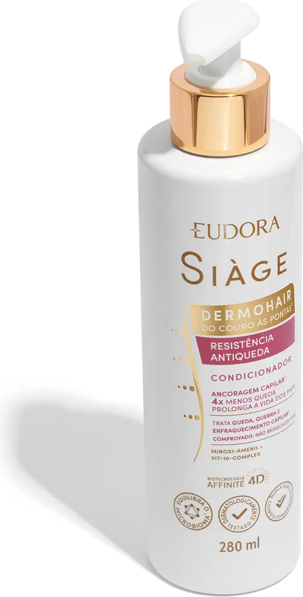 A imagem mostra o Condicionador Siàge DermoHair da linha Resistência Antiqueda da marca Eudora
