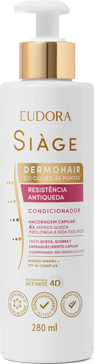 Condicionador Eudora Siàge Dermohair. Embalagem plástica branca com detalhes dourados. Contém 280ml. Bomba dosadora branca com acabamento dourado.