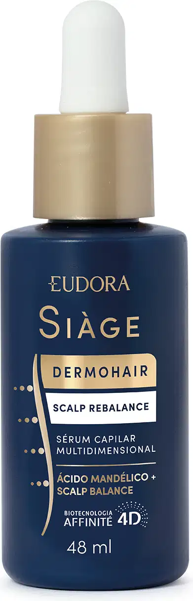 Produto de tratamento capilar Siàge DermoHair Scalp Rebalance da marca Eudora. Frasco azul marinho com aplicador conta-gotas branco.  Volume de 48ml. Embalagem apresenta cores azul, dourado e branco.