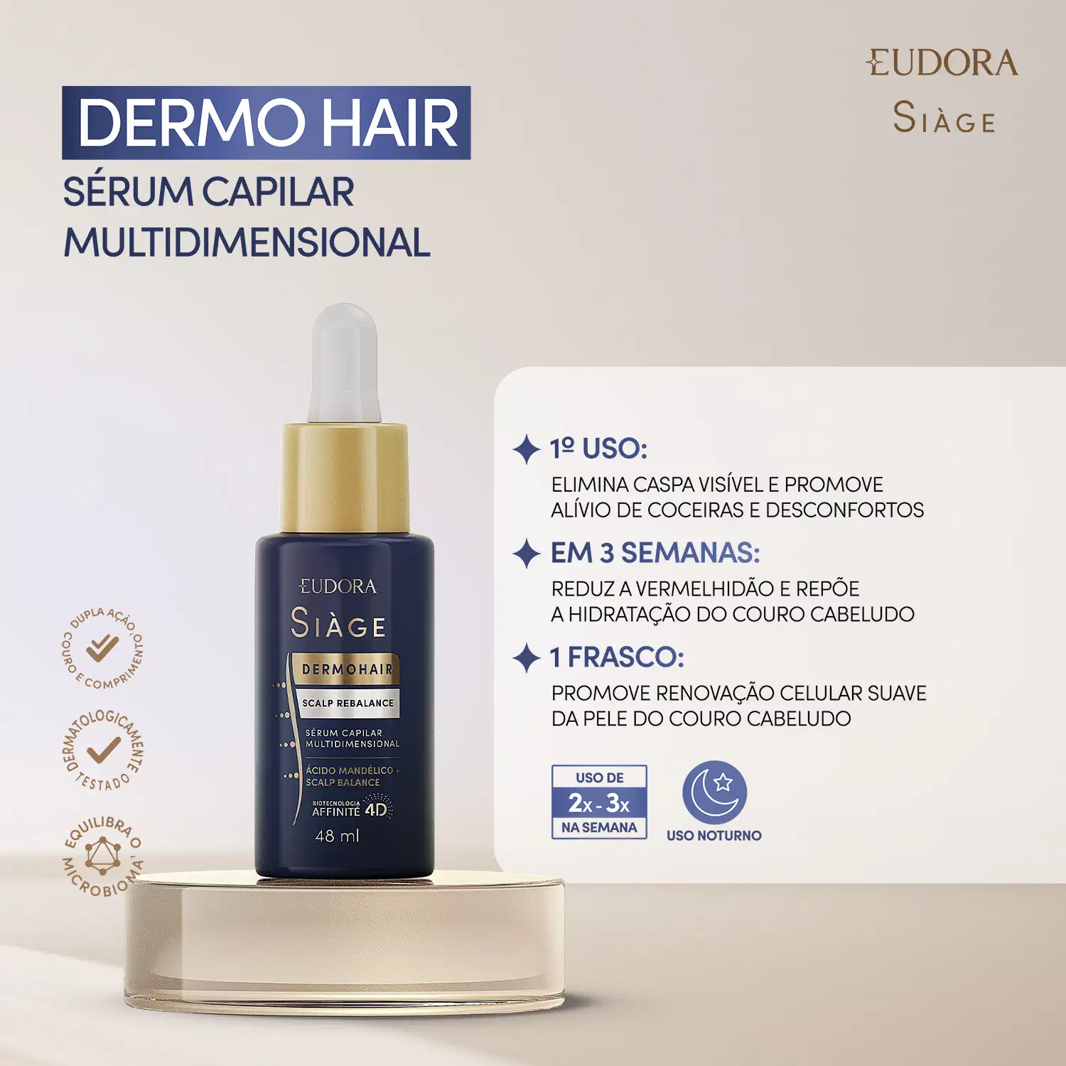 Card informativo, à direita Frasco do sérum, à esquerda os benefícios do produto: elimina caspa visível, alivia coceiras e desconfortos reduz vermelhidão, repõe hidratação do couro cabeludo e promove renovação celular uso recomendado 2 a 3 vezes na semana