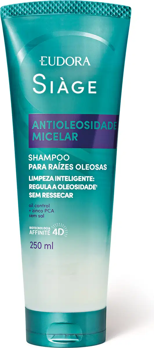O produto apresentado é um shampoo da linha Siàge da Eudora, com foco em controle da oleosidade. A embalagem é um tubo plástico de cor turquesa, com o nome "Siàge" e "Antioleoside Micelar" destacados.
