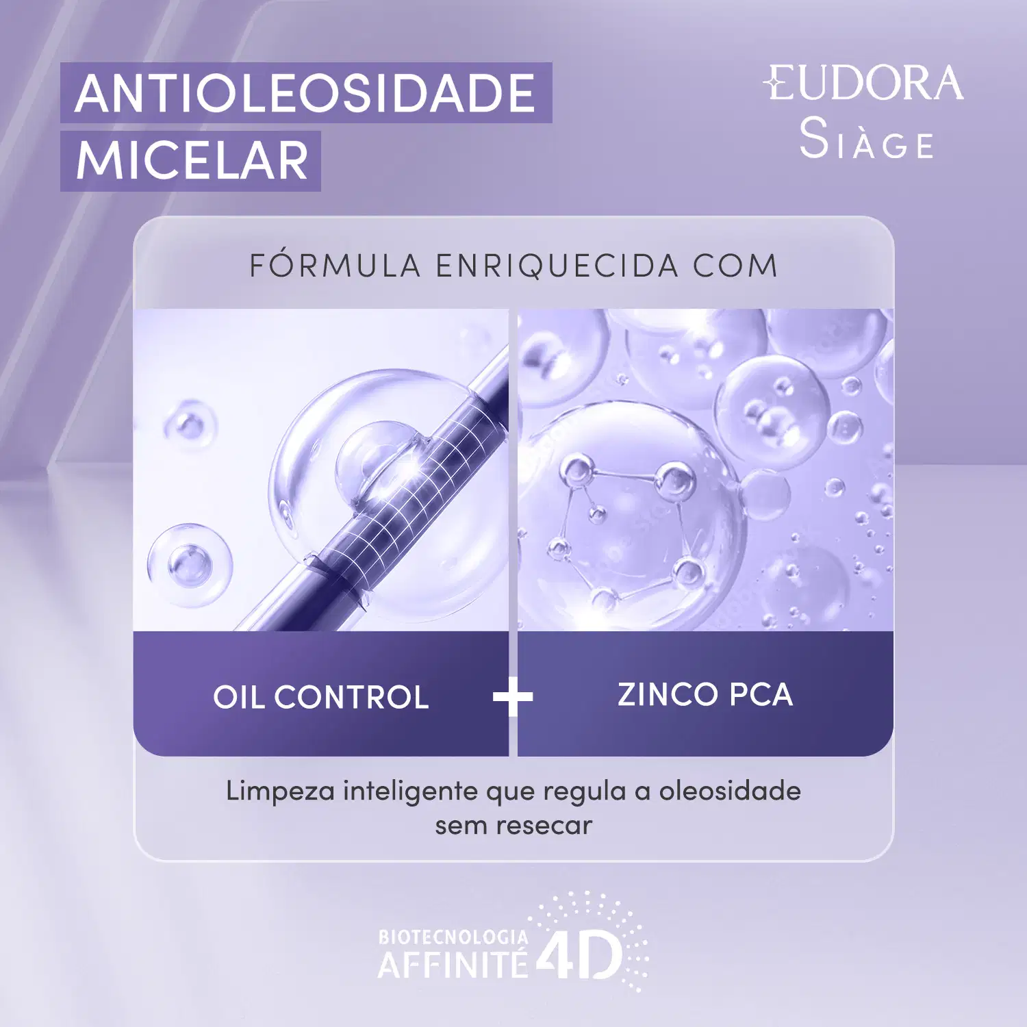 Fórmula enriquecida com "Oil Control" e "Zinco PCA". O texto destaca que o produto realiza uma "limpeza inteligente que regula a oleosidade sem resecar".