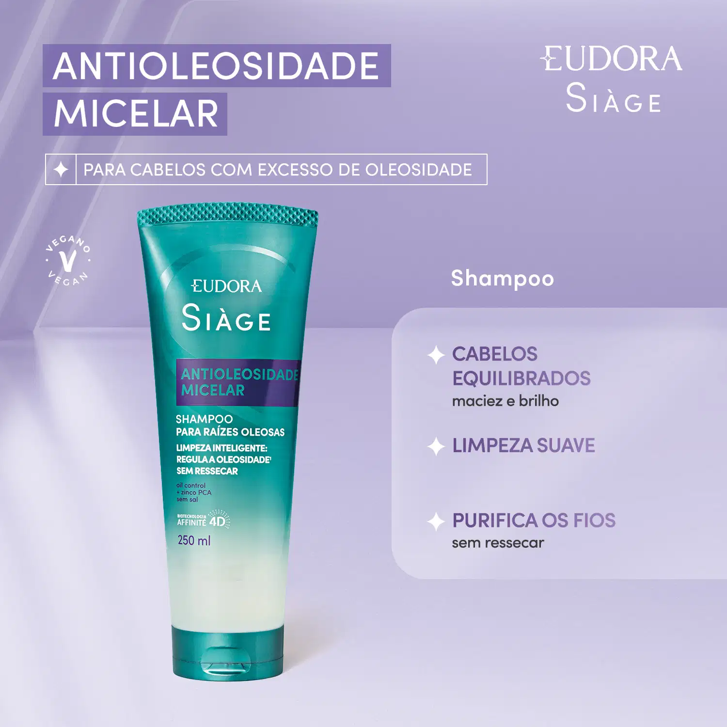 Texto destacando as principais características do produto, como "Cabelos equilibrados, macios e brilho" e "Limpa suave, regula a oleosidade sem ressecar". O texto também menciona que o shampoo é vegano e não resseca os fios.