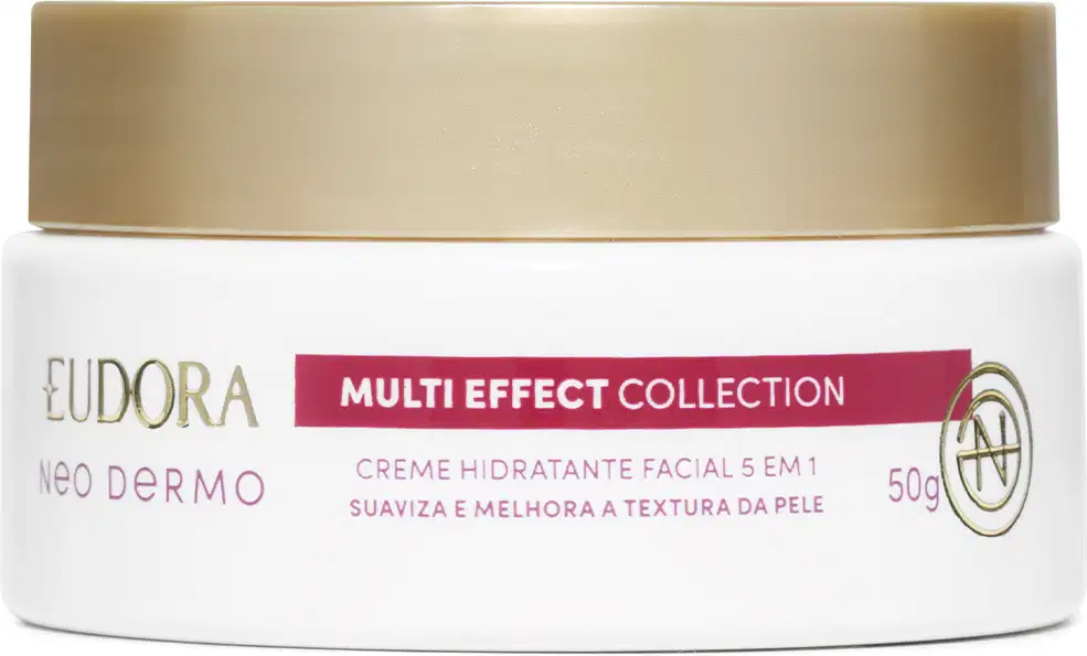 Embalagem em pote do Creme hidratante facial 5 em 1 da linha Multi Effect Collection da Eudora Neo Dermo. Embalagem branca, redonda, tampa de rosquear dourada na parte superior. Rótulo em tons de vermelho e dourado.