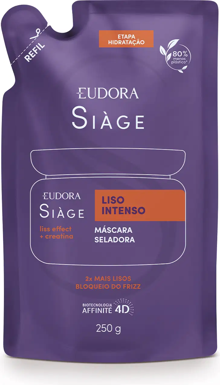 Embalagem flexível como um pacote de plástico roxa com detalhes em laranja e branco e indicação de lugar para cortar com tesoura. No centro, um desenho da silhueta do pote original contém as informações do rótulo do refil em letras brancas.