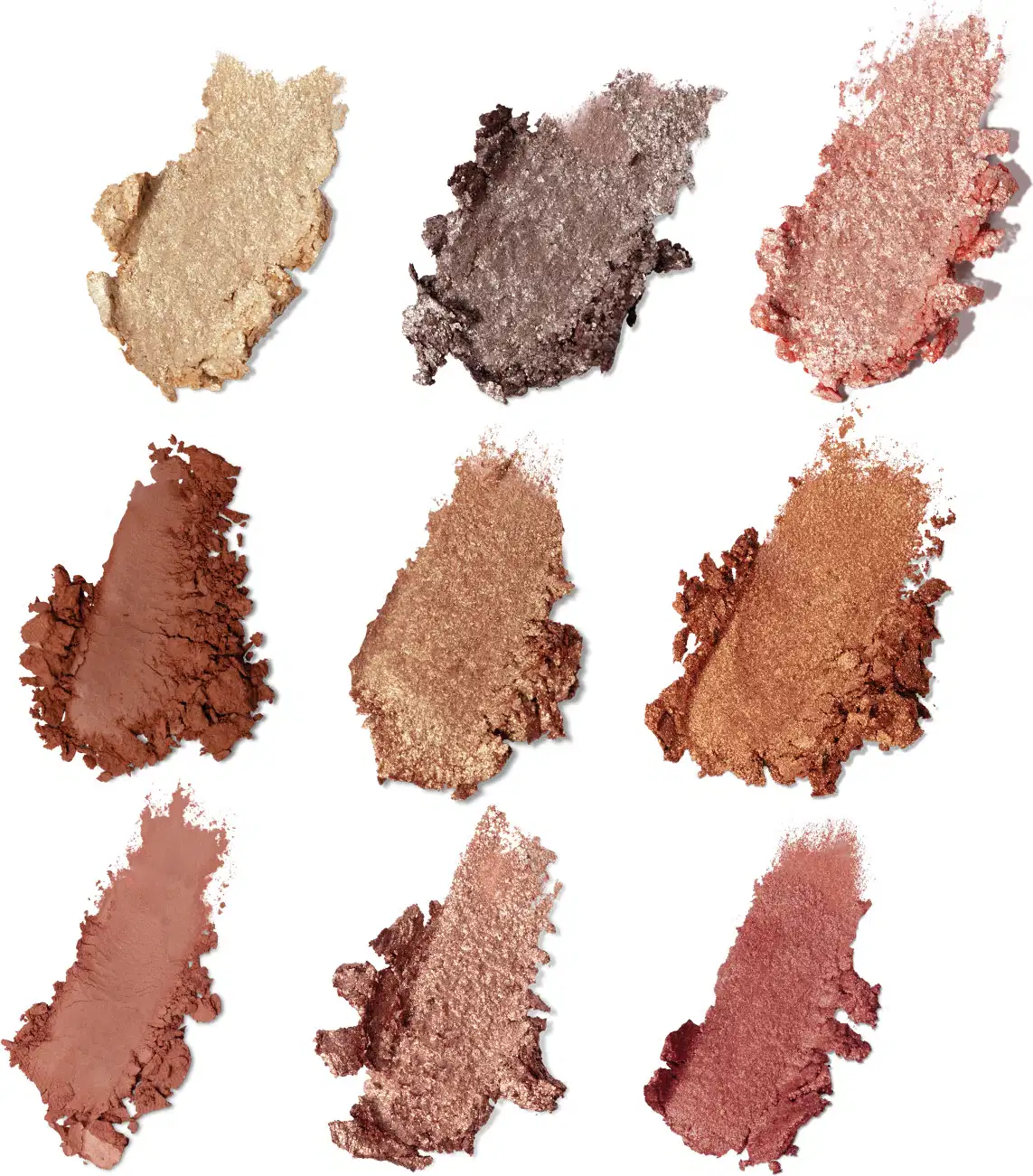 Imagem das 9 cores da paleta, os tons variam entre soft matte e super brilho. Os tons são terrosos, alguns opacos e outros brilhantes, indo do marrom terra opaco ao dourado brilhante.