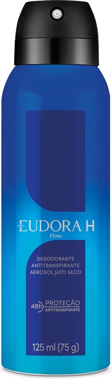 Embalagem metálica cilíndrica azul degradê com detalhes em azul marinho, preto e azul metalizado. Rótulo Eudora H Flow em letras prateadas. Parte superior preta com o bocal do aerossol.