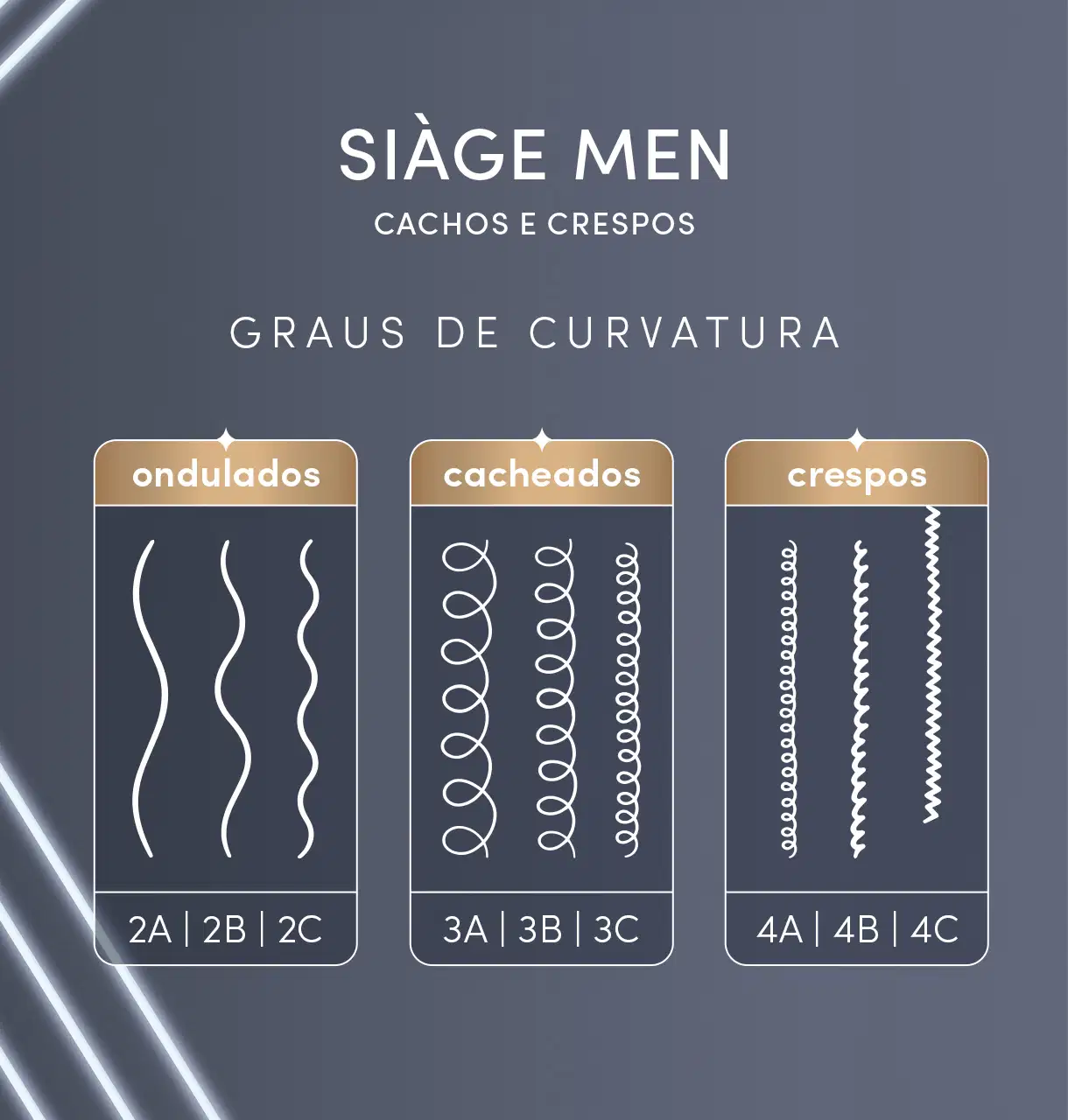Card que ilustra os tipos de fios cachos e crespos. São ondulados os 2A 2B e 2C que têm linhas onduladas suaves. os cacheados são 3A 3B e 3C que têm cachos definidos e os crespos são 4A 4B e 4C que têm formato de zig-zag ou espiral fechada
