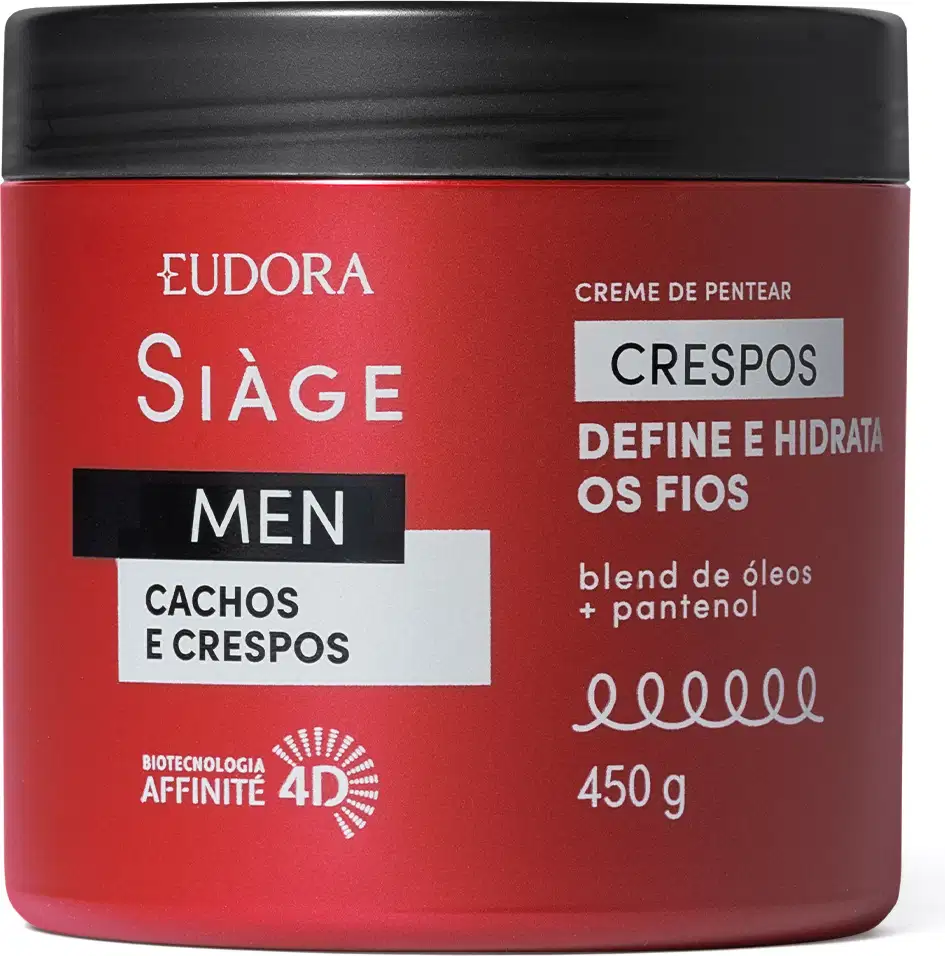 A imagem mostra um pote vermelho de creme de pentear crespos da linha Siàge Men da marca Eudora com capacidade de 450ml. O frasco tem os escritos em prateado com destaque para a biotecnologia Affinité 4D utilizada na formulação