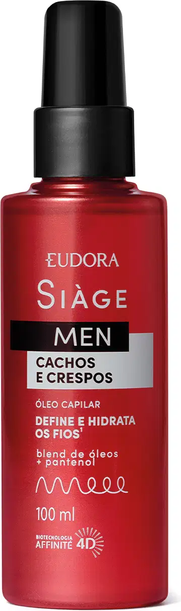 A imagem mostra um frasco vermelho de óleo define os cachos da linha Siàge Men com capacidade de 100ml. O frasco tem os escritos em prateado com destaque para a biotecnologia Affinité 4D utilizada na formulação